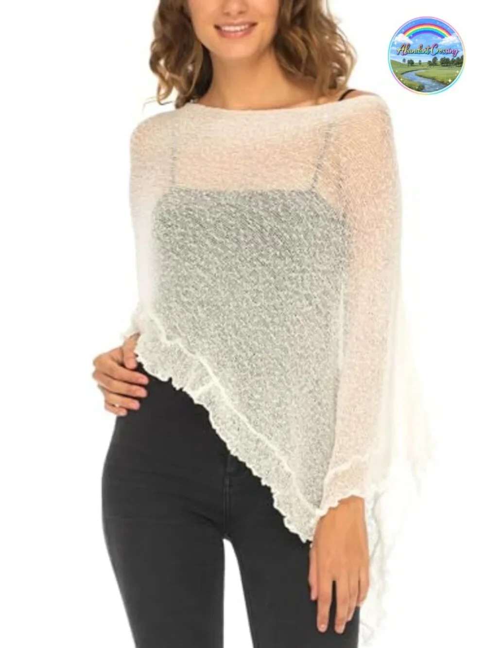Sheer Knit Poncho Shrug Lightweight Asymmetrical Ruffle Wrap Convertible Shawl